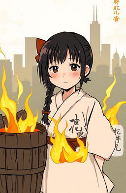 A young Japanese girl named Fuyuko stands in front of a burning barrel, where her drawings are being consumed by flames