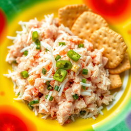 A beautiful presentation of finely minced tuna mixed with shredded coconut and chopped green chili peppers, elegantly placed next to crispy Ruchy crackers on a bright, colorful plate