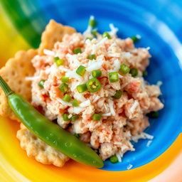 A beautiful presentation of finely minced tuna mixed with shredded coconut and chopped green chili peppers, elegantly placed next to crispy Ruchy crackers on a bright, colorful plate