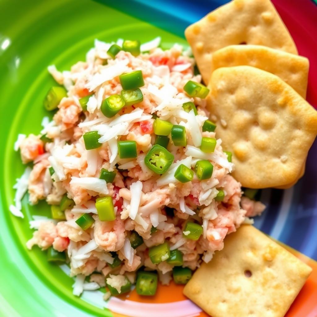 A beautiful presentation of finely minced tuna mixed with shredded coconut and chopped green chili peppers, elegantly placed next to crispy Ruchy crackers on a bright, colorful plate