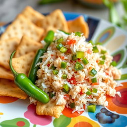 A beautiful presentation of finely minced tuna mixed with shredded coconut and chopped green chili peppers, elegantly placed next to crispy Ruchy crackers on a bright, colorful plate