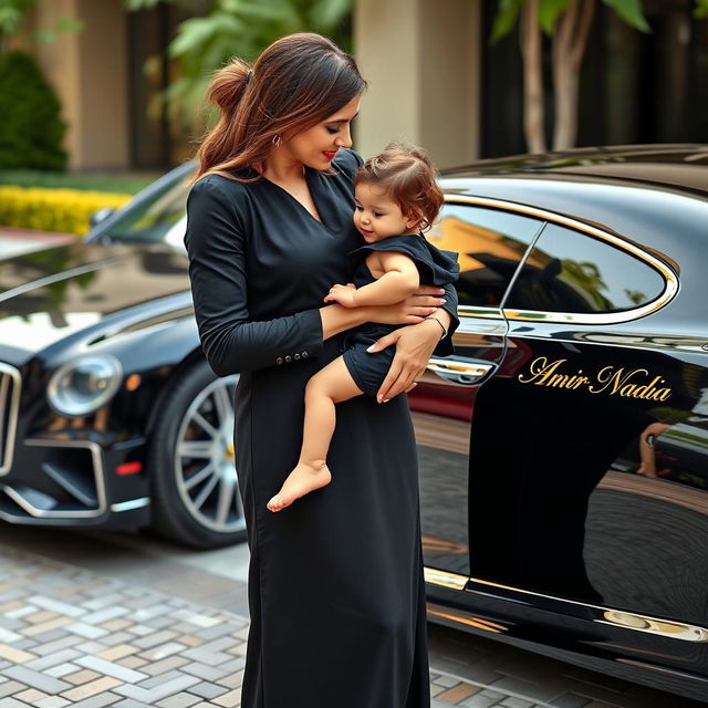 A wealthy woman dressed in an elegant black outfit, holding a beautiful child in her arms, gently kissing the child's forehead