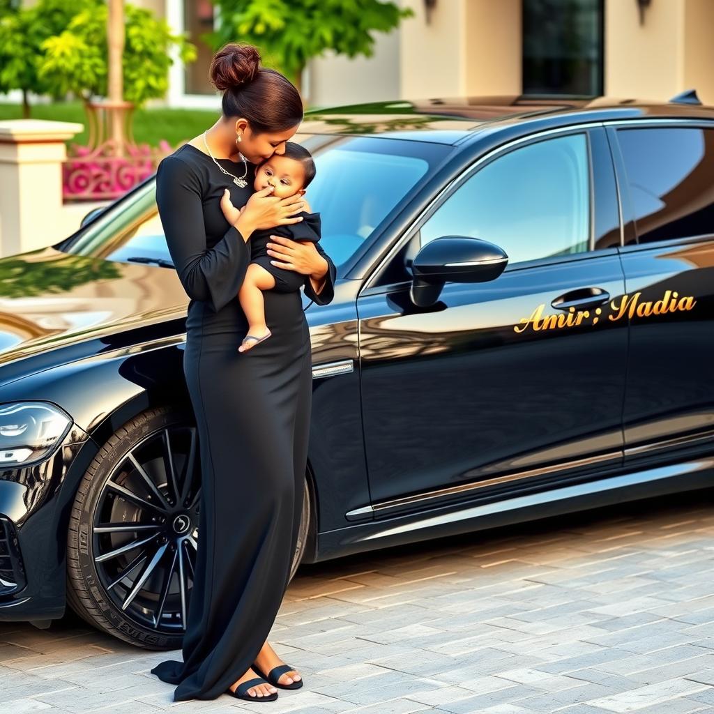 A wealthy woman dressed in an elegant black outfit, holding a beautiful child in her arms, gently kissing the child's forehead