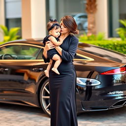 A wealthy woman dressed in an elegant black outfit, holding a beautiful child in her arms, gently kissing the child's forehead