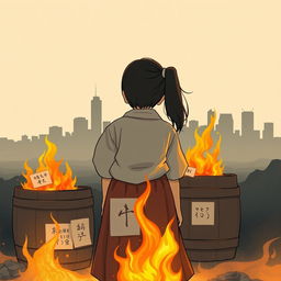 A 16-year-old young Japanese girl named Fuyuko stands with her back to the viewer in front of a burning barrel, where her drawings are being consumed by flames
