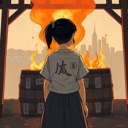 A 16-year-old young Japanese girl named Fuyuko stands with her back to the viewer in front of a burning barrel, where her drawings are being consumed by flames