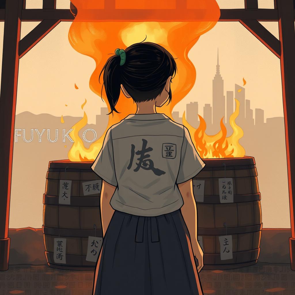 A 16-year-old young Japanese girl named Fuyuko stands with her back to the viewer in front of a burning barrel, where her drawings are being consumed by flames