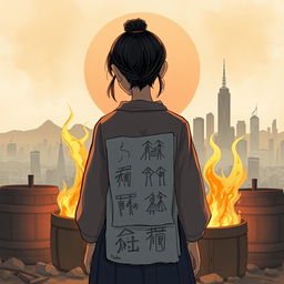 A 16-year-old young Japanese girl named Fuyuko stands with her back to the viewer in front of a burning barrel, where her drawings are being consumed by flames