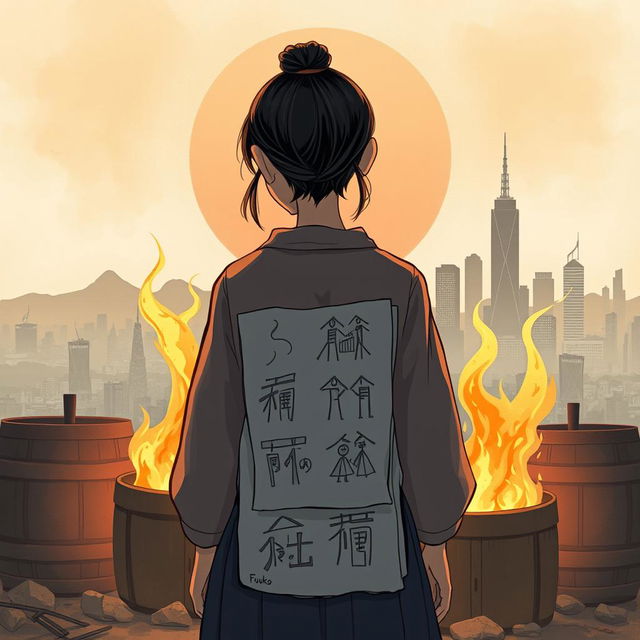A 16-year-old young Japanese girl named Fuyuko stands with her back to the viewer in front of a burning barrel, where her drawings are being consumed by flames