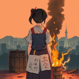 A 16-year-old young Japanese girl named Fuyuko stands with her back to the viewer in front of a burning barrel, where her drawings are being consumed by flames