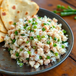 A delicious dish featuring finely chopped tuna mixed with grated coconut and finely chopped green chili peppers, served alongside crispy roti