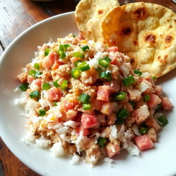 A delicious dish featuring finely chopped tuna mixed with grated coconut and finely chopped green chili peppers, served alongside crispy roti