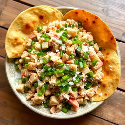 A delicious dish featuring finely chopped tuna mixed with grated coconut and finely chopped green chili peppers, served alongside crispy roti