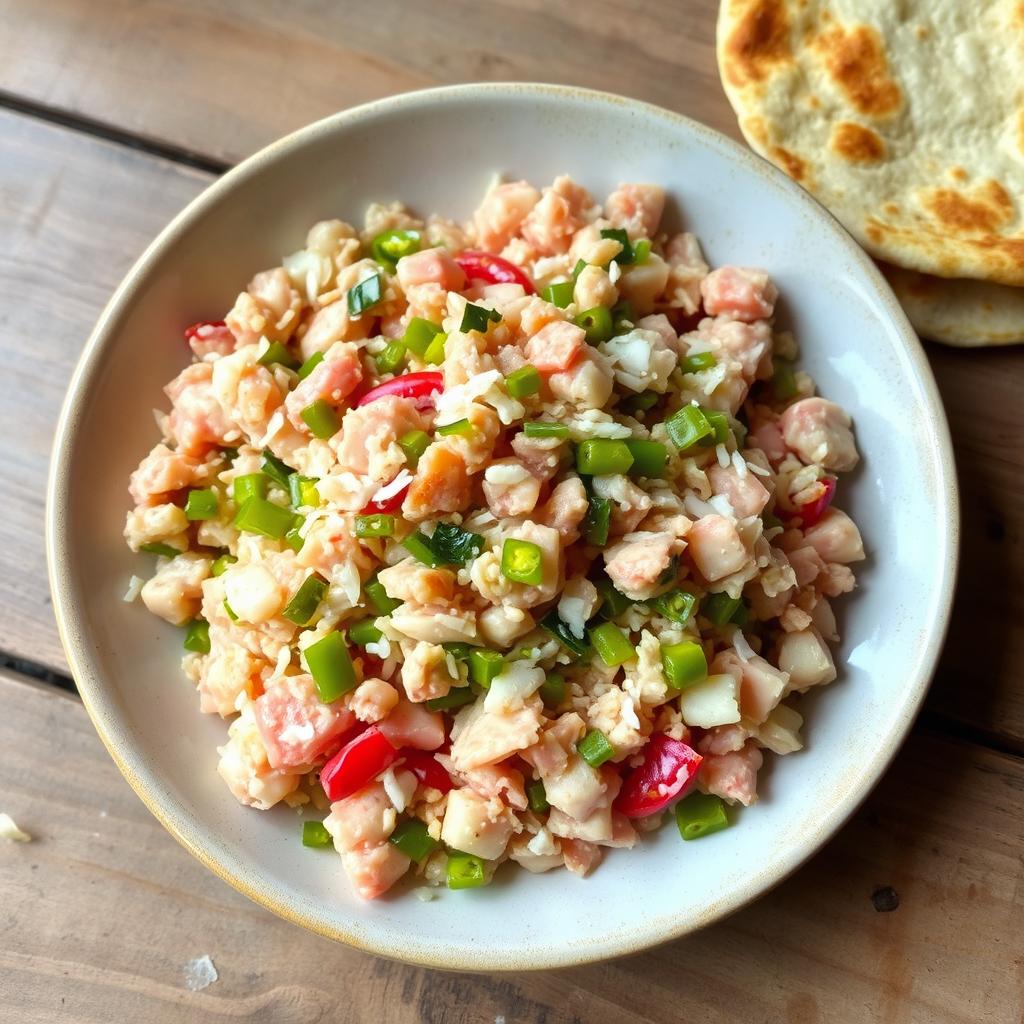 A delicious dish featuring finely chopped tuna mixed with grated coconut and finely chopped green chili peppers, served alongside crispy roti