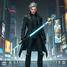 A futuristic reinterpretation of Laertes from Shakespeare's Hamlet, set in the year 2025