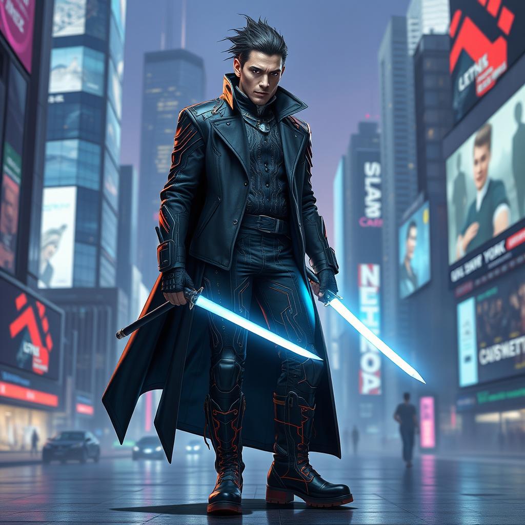 A futuristic reinterpretation of Laertes from Shakespeare's Hamlet, set in the year 2025