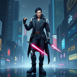 A futuristic reinterpretation of Laertes from Shakespeare's Hamlet, set in the year 2025