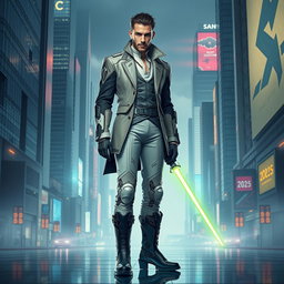 A futuristic reinterpretation of Laertes from Shakespeare's Hamlet, set in the year 2025