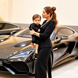 A wealthy woman dressed in an elegant black outfit, holding a beautiful child in her arms, gently kissing the child's forehead
