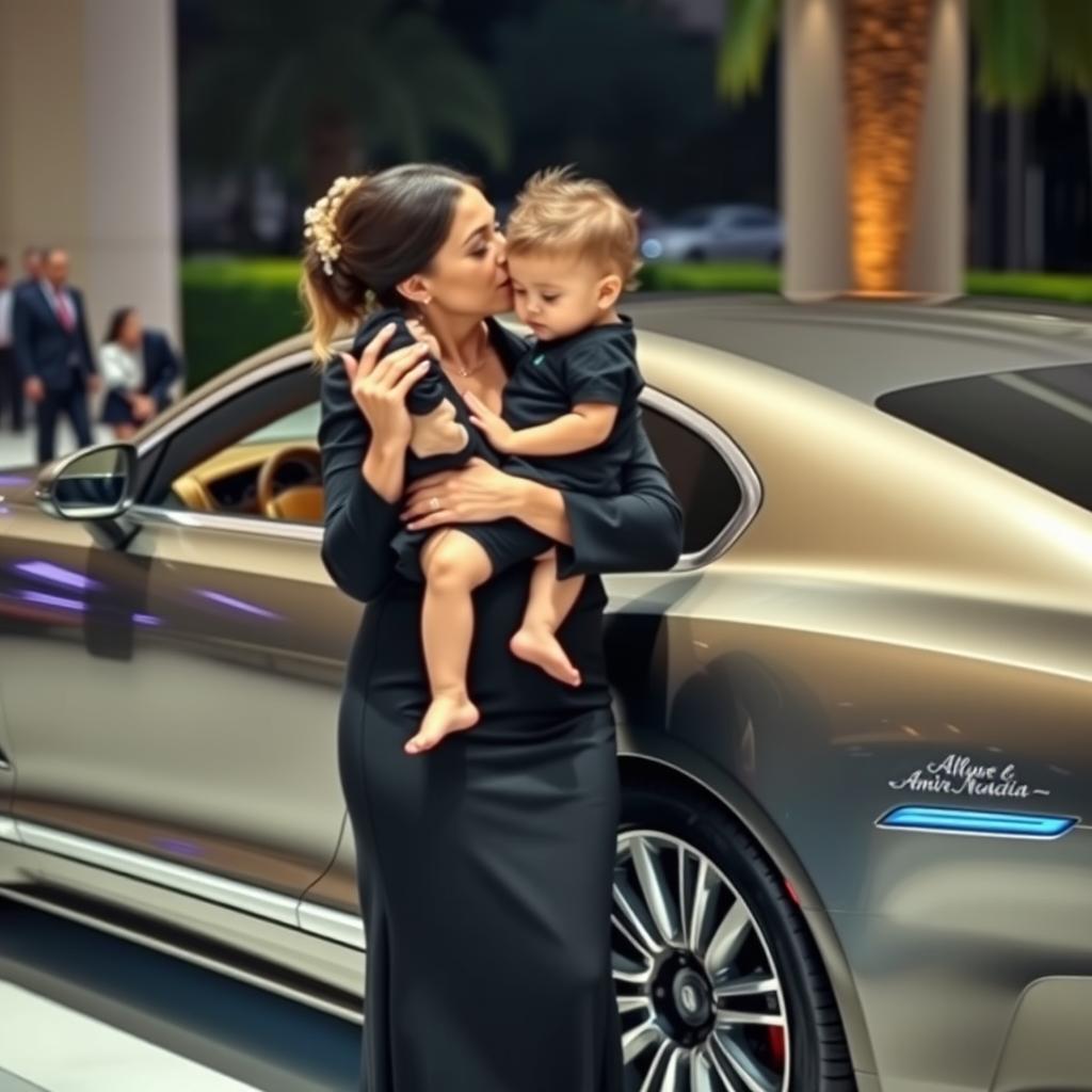 A wealthy woman dressed in an elegant black outfit, holding a beautiful child in her arms, gently kissing the child's forehead