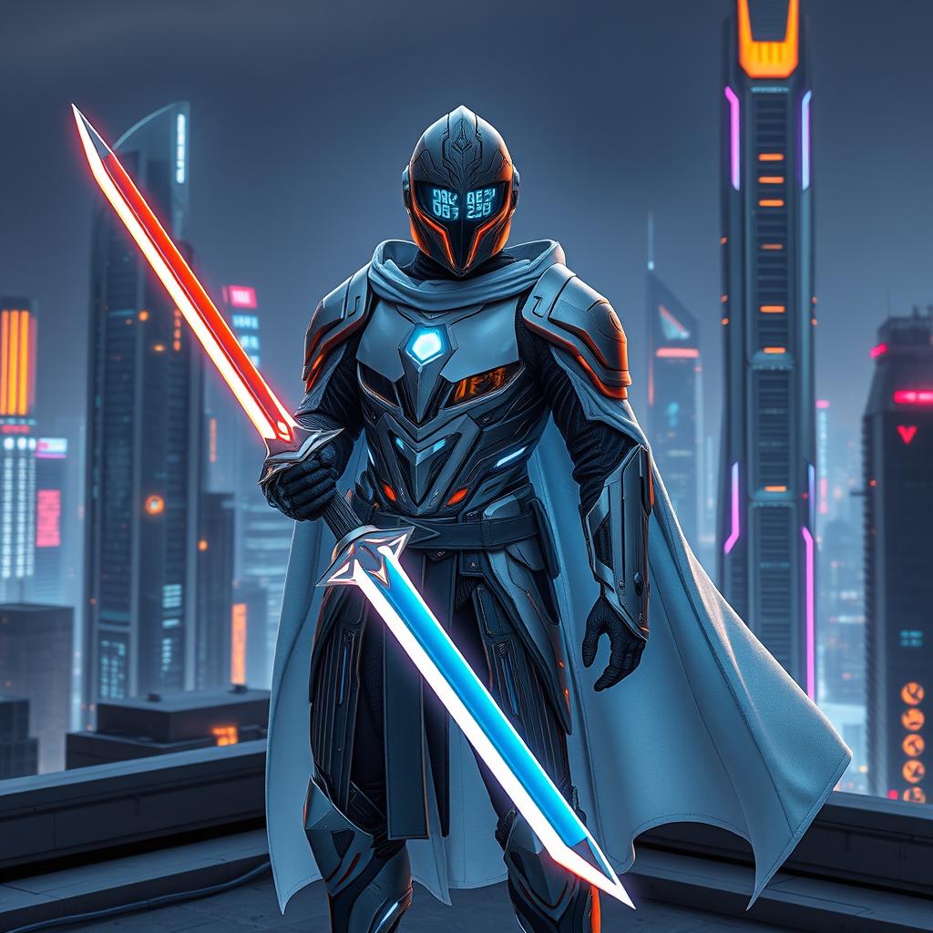 A futuristic knight inspired by the aesthetics of 2025, featuring sleek, high-tech armor adorned with luminous elements