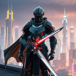 A futuristic knight inspired by the aesthetics of 2025, featuring sleek, high-tech armor adorned with luminous elements