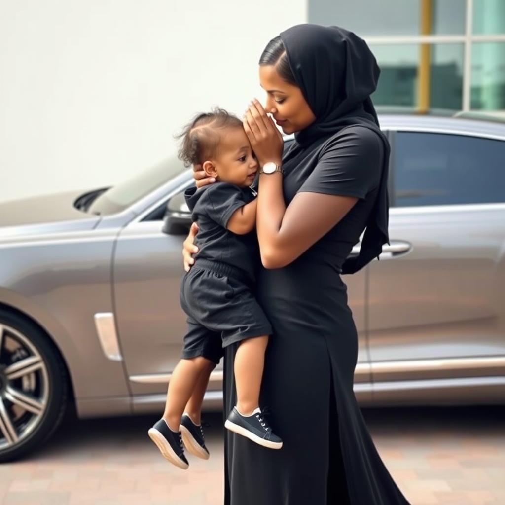A wealthy woman in an elegant black outfit tenderly holding a beautiful child in her arms, gently kissing the child's forehead