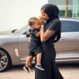A wealthy woman in an elegant black outfit tenderly holding a beautiful child in her arms, gently kissing the child's forehead
