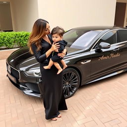A wealthy woman in an elegant black outfit tenderly holding a beautiful child in her arms, gently kissing the child's forehead