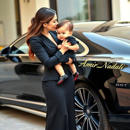 A wealthy woman in an elegant black outfit tenderly holding a beautiful child in her arms, gently kissing the child's forehead
