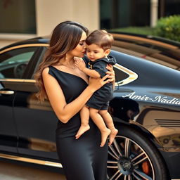 A wealthy woman in an elegant black outfit tenderly holding a beautiful child in her arms, gently kissing the child's forehead