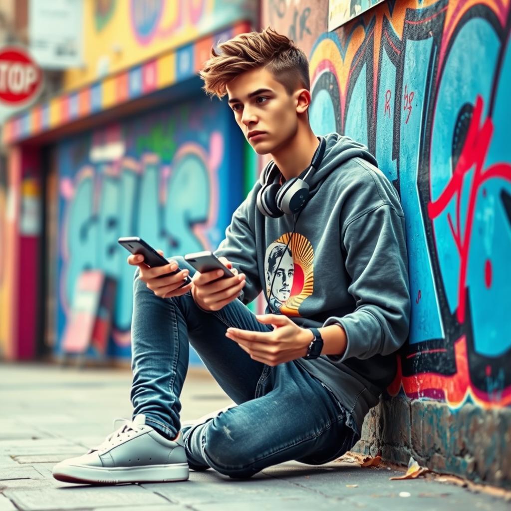 Imagine Hamlet as a modern teenager in 2025, sitting in a youthful and vibrant urban setting