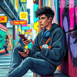 Imagine Hamlet as a modern teenager in 2025, sitting in a youthful and vibrant urban setting
