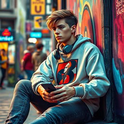 Imagine Hamlet as a modern teenager in 2025, sitting in a youthful and vibrant urban setting