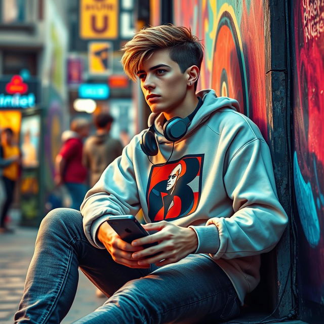 Imagine Hamlet as a modern teenager in 2025, sitting in a youthful and vibrant urban setting