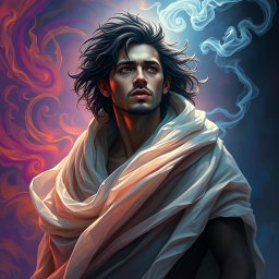 A stunning depiction of Jario Dia, an enigmatic figure draped in flowing garments that flutter around him like tendrils of smoke