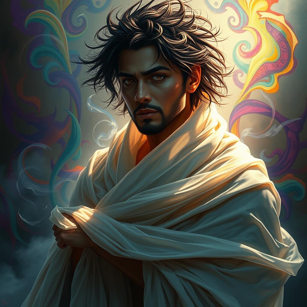 A stunning depiction of Jario Dia, an enigmatic figure draped in flowing garments that flutter around him like tendrils of smoke