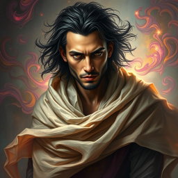 A stunning depiction of Jario Dia, an enigmatic figure draped in flowing garments that flutter around him like tendrils of smoke