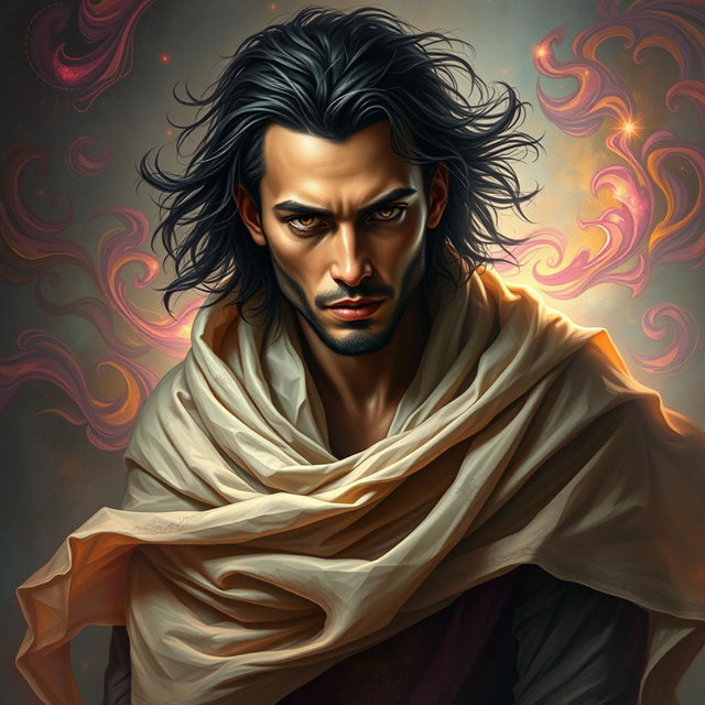 A stunning depiction of Jario Dia, an enigmatic figure draped in flowing garments that flutter around him like tendrils of smoke