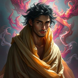 A stunning depiction of Jario Dia, an enigmatic figure draped in flowing garments that flutter around him like tendrils of smoke