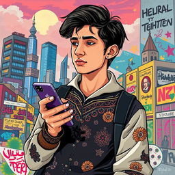 A modern reinterpretation of Hamlet as an Iranian teenager in 2025, wearing contemporary clothing with a fusion of traditional Persian motifs