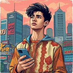 A modern reinterpretation of Hamlet as an Iranian teenager in 2025, wearing contemporary clothing with a fusion of traditional Persian motifs
