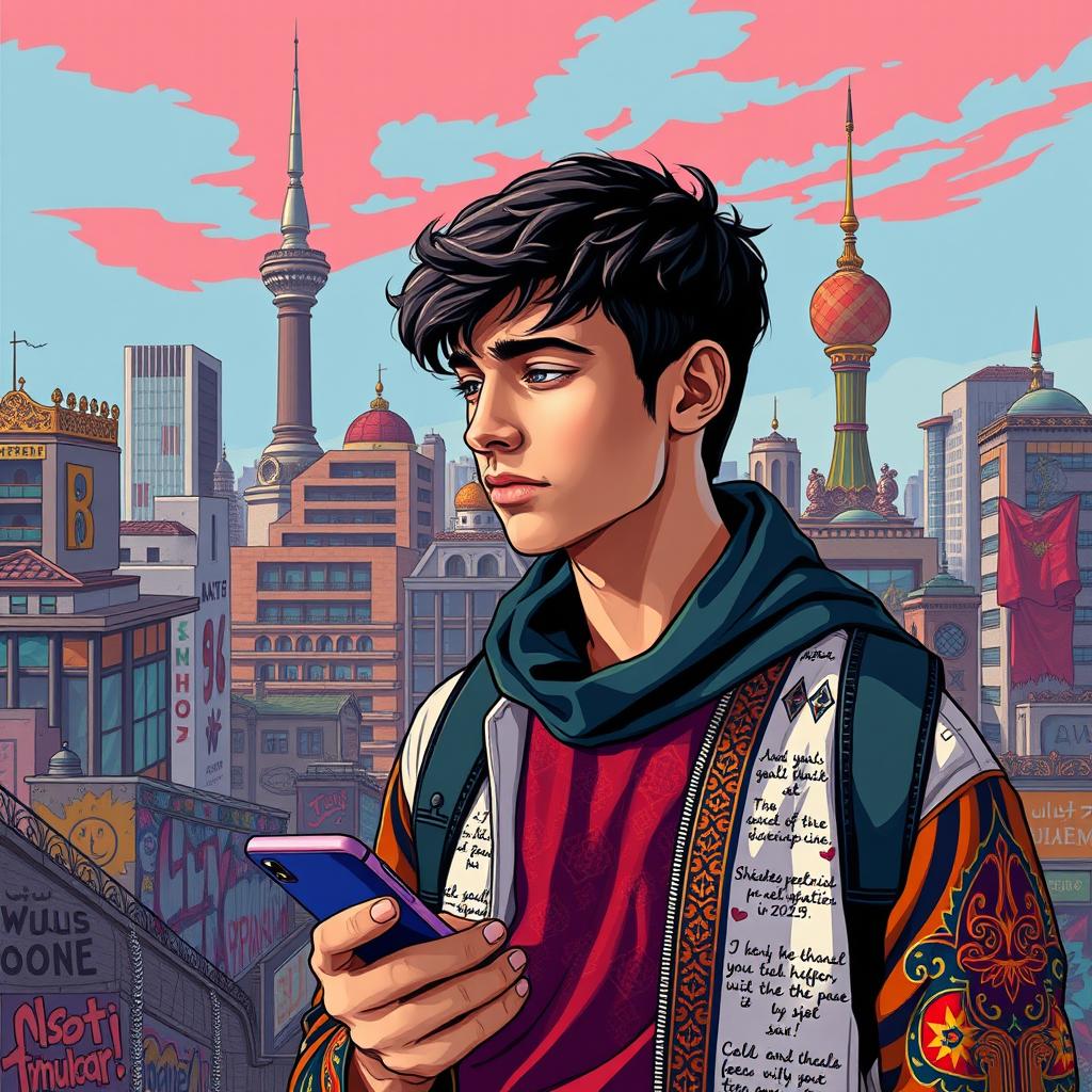 A modern reinterpretation of Hamlet as an Iranian teenager in 2025, wearing contemporary clothing with a fusion of traditional Persian motifs