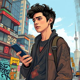 A modern reinterpretation of Hamlet as an Iranian teenager in 2025, wearing contemporary clothing with a fusion of traditional Persian motifs