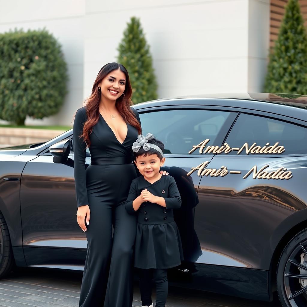 A beautiful, wealthy woman in an elegant black outfit stands alongside a charming 4-year-old child