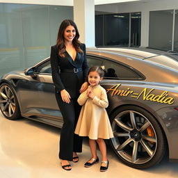 A beautiful, wealthy woman in an elegant black outfit stands alongside a charming 4-year-old child
