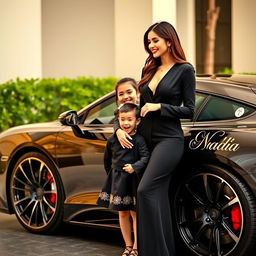 A beautiful, wealthy woman in an elegant black outfit stands alongside a charming 4-year-old child