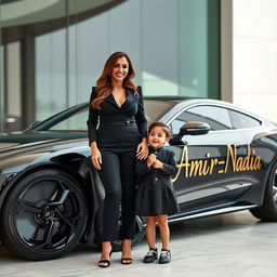 A beautiful, wealthy woman in an elegant black outfit stands alongside a charming 4-year-old child