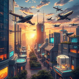 A stunningly detailed illustration of various futuristic machines in a technologically advanced cityscape