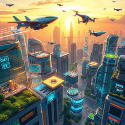 A stunningly detailed illustration of various futuristic machines in a technologically advanced cityscape